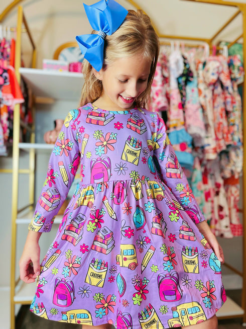 Bowtism Girls School Bus Stop Dress with Matching Bow - Bowtism